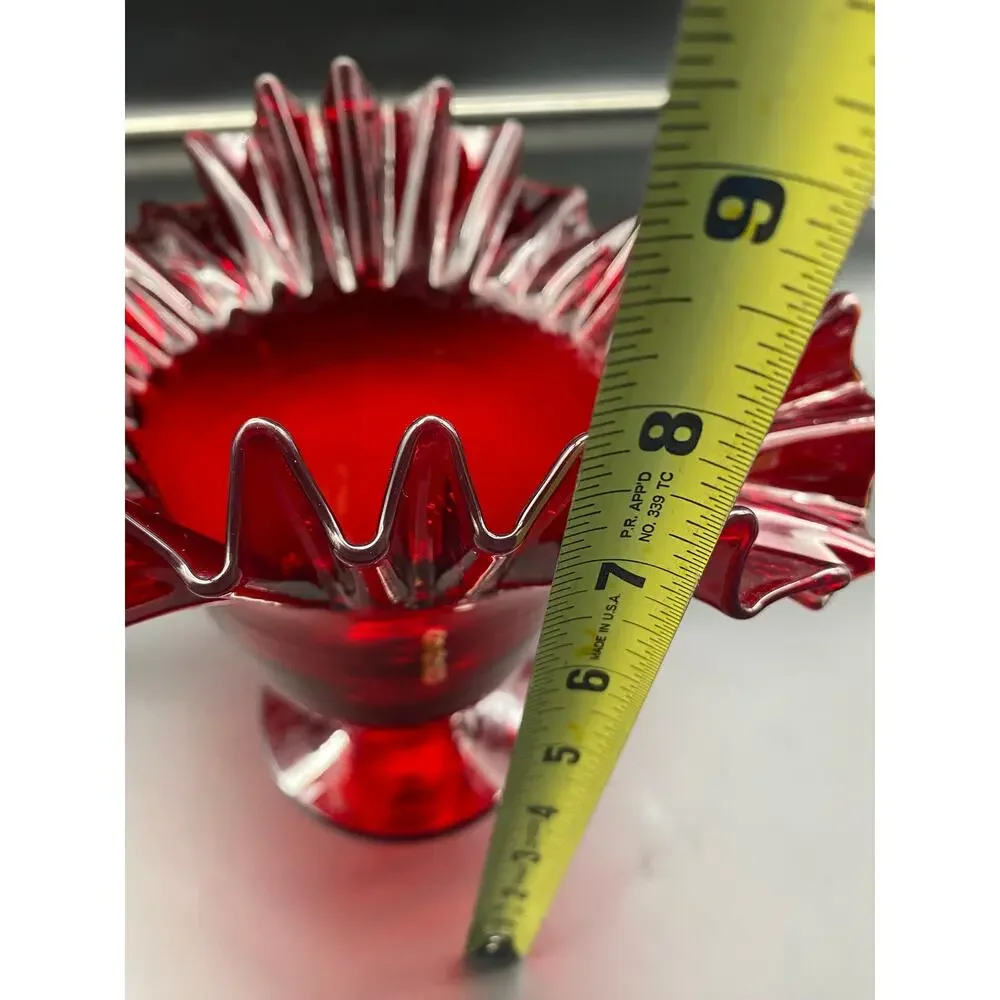 Vintage Blenko Ruby Red Crimped Edge Pedestal Vase 9